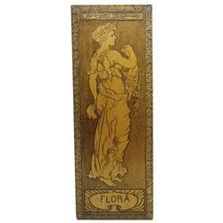  Art Nouveau beech plaque with poker work depicting a maiden and titled 'Flora', H69cm x W26cm   