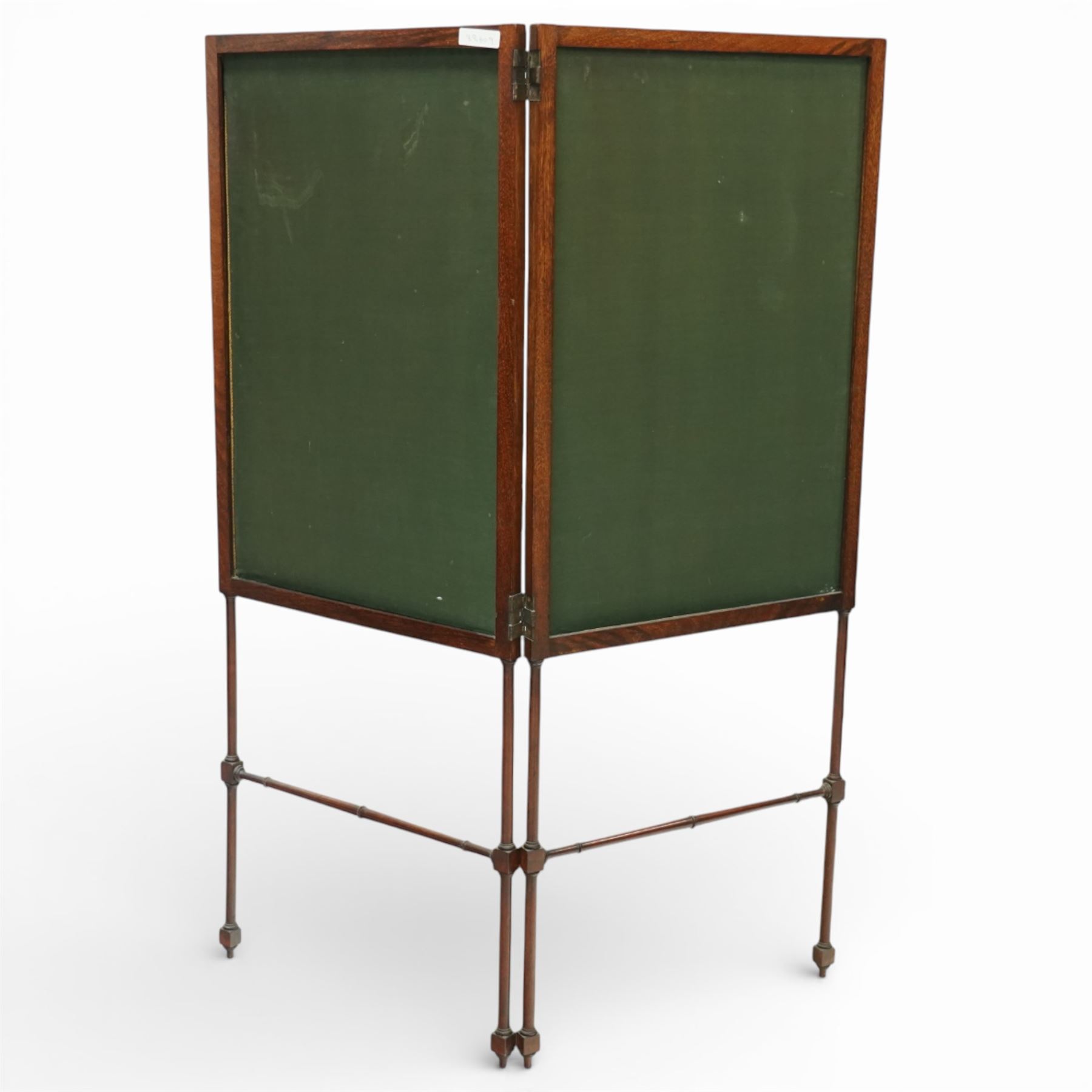 19th century mahogany screen, two panels connected by hinges with teal and cream damask fabric, above a turned wood apron on turned supports