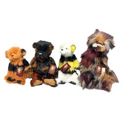 Four Charlie Bears, comprising Bassett CB161519S, Scoop CB161517S, Scrump CB161506S, and Patience CB159022S, each designed by Heather Lyell, all with tags 
