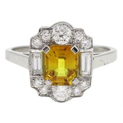 Platinum emerald cut yellow sapphire, baguette and round brilliant cut diamond cluster ring, stamped Plat, sapphire 1.30 carat, total diamond weight 0.55 carat, with World Gemological Institute Report