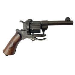 19th century Belgian Flobert 7mm pin-fire revolver with six-shot cylinder, 7cm octagonal to round barrel, folding trigger and walnut stock incorporating ejector rod in butt L18cm overall