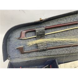 German trade violin c1900 with 35.5cm two-piece maple back and spruce top; bears label 'Made in Germany Apollo Class 6 No.2132' L59cm; in carrying case with two bows