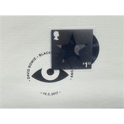 Set of four Royal Mail David Bowie limited edition album stamp prints, comprising Blackstar, Heroes, Let's Dance and Aladdin Sane, all framed and in original packaging, H43cm W43cm