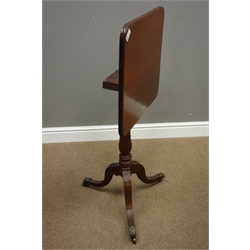  Regency mahogany tripod table, square tilt top on twist column support, three moulded legs with brass sockets and castors, 45cm x 48cm, H74cm  
