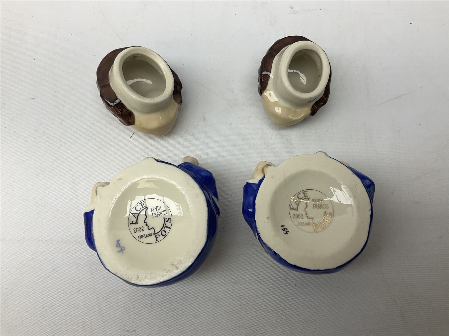 Fifteen Face Pots by Kevin Frances, all of music interest, to include the Beatles; Paul 'Kookoocachu', 'Love Is All You Need', 'Octopus's garden', 'While My Guitar Gently Weeps', 'All You Need Is Love' and 'Everybody's talking and no one says a word', Elton John; I'm still standing, Buddy Holly; 'That will be the day', David Bowie 'We can be heroes' , Mick Jagger prototype colour type etc, all boxed  