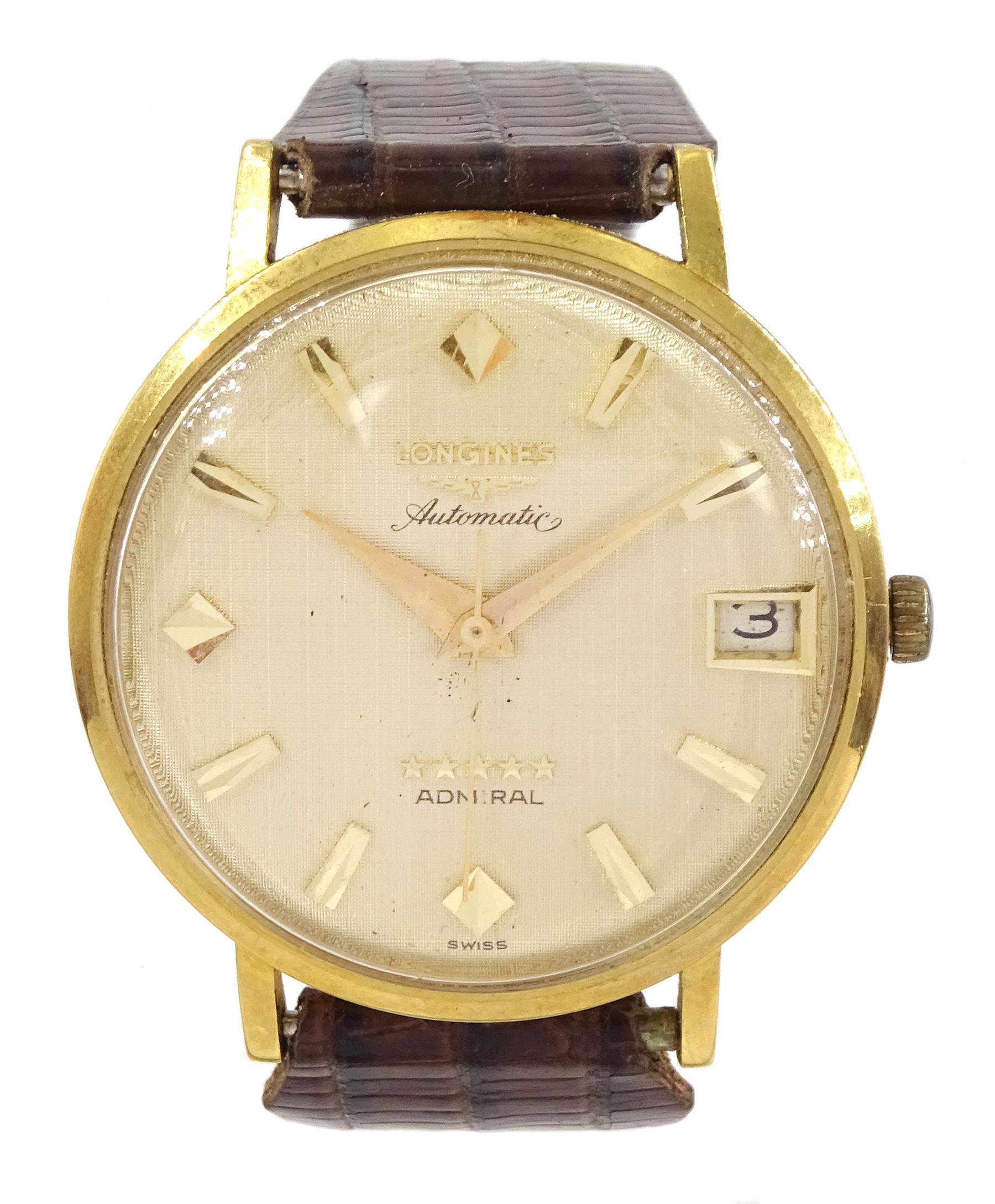 Longines Admiral gentleman's 18ct gold automatic presentation wristwatch, gilt dial with date aperture, stamped 18K, on brown leather strap with Longines buckle and additional Longines black strap and buckle, boxed