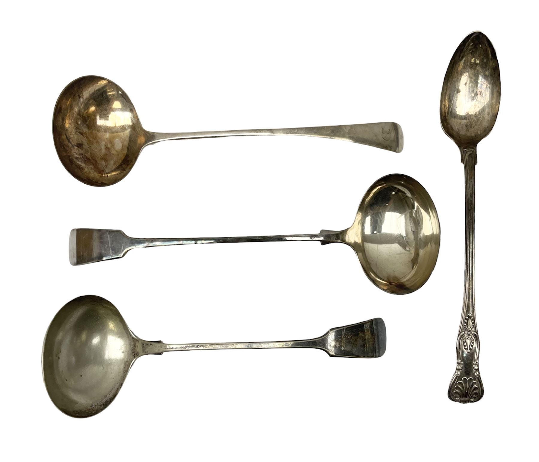 Two silver plated Fiddle pattern soup ladles, a silver plated Old English pattern soup ladle, and a silver plated Kings pattern basting spoon, (4)