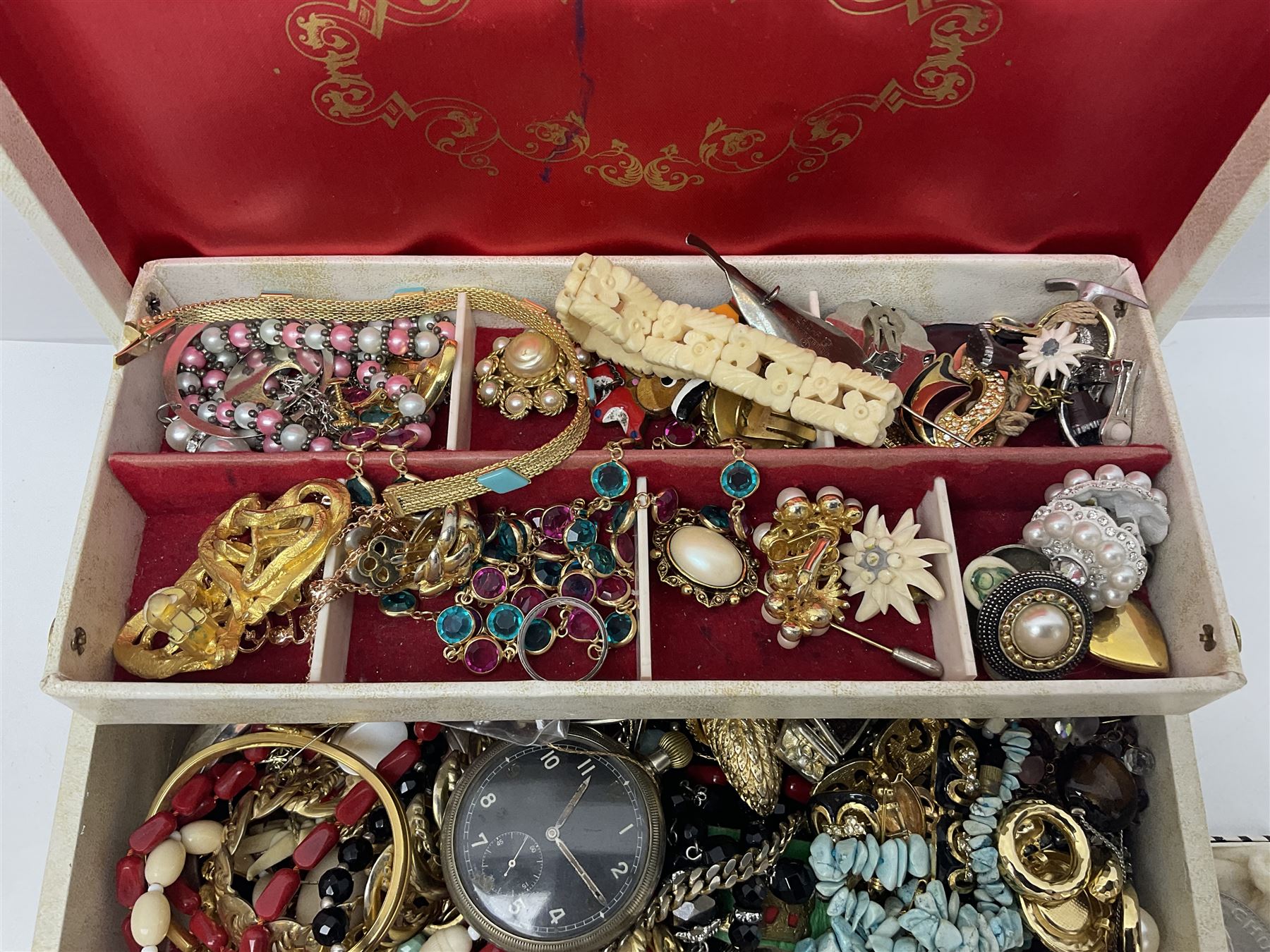 Norweigian silver enamel leaf brooch by David Andersen, together with a military issue pocket watch and a collection of costume jewellery including pair of clip on earrings by Butler & Wilson, beaded jewellery, brooches, etc