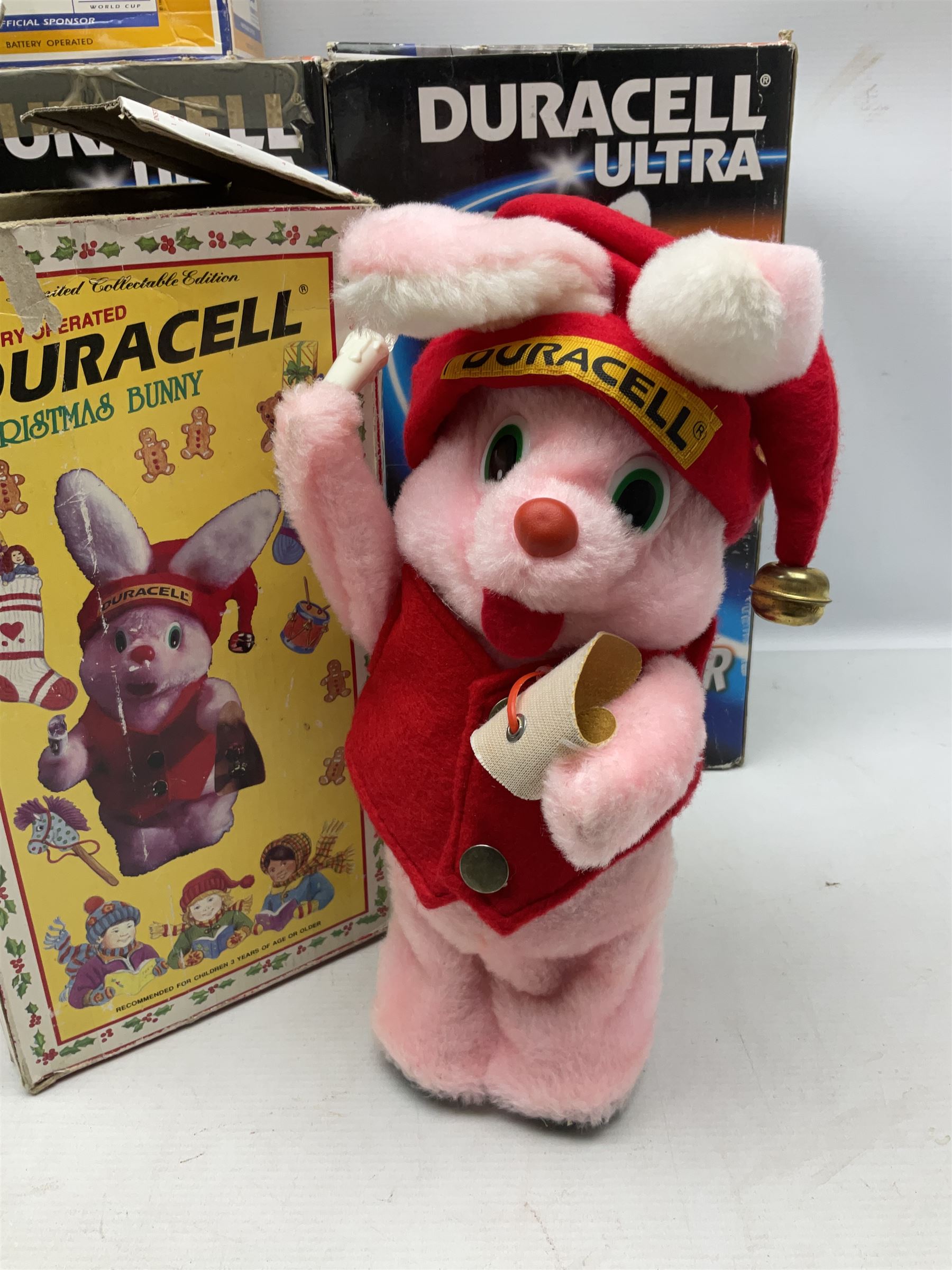Collection of battery operated Duracell Bunny advertising figures, comprising two limited edition France 98 World Cup football bunnies, racing bunny, football bunny, two globetrotter bunny, fireman bunny and Christmas bunny, all boxed