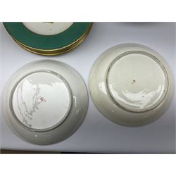 Two early 19th century Derby dishes, decorated with colourful floral sprigs and gilt foliate borders, both with painted marks beneath, together with a 18th century Newhall tea bowl, a Mintons oyster dish moulded with eight wells, and six 19th century plates and two comports decorated with floral sprays within turquoise and gilt borders