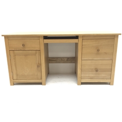 Light ash twin pedestal office desk, single slide, three graduating drawers, single cupboard, stile supports, W163cm, H77cm, D56cm