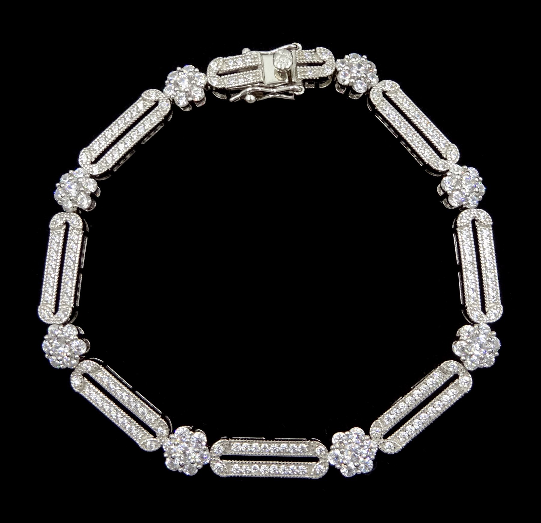 Silver Art Deco style cubic zirconia openwork flower link bracelet, stamped 925 