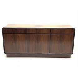 Late 20th century hardwood veneer sideboard, rounded rectangular front fitted with three drawers and three cupboards, W181cm, H83cm, D50cm