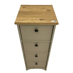Narrow painted four drawer chest, with oak finish top