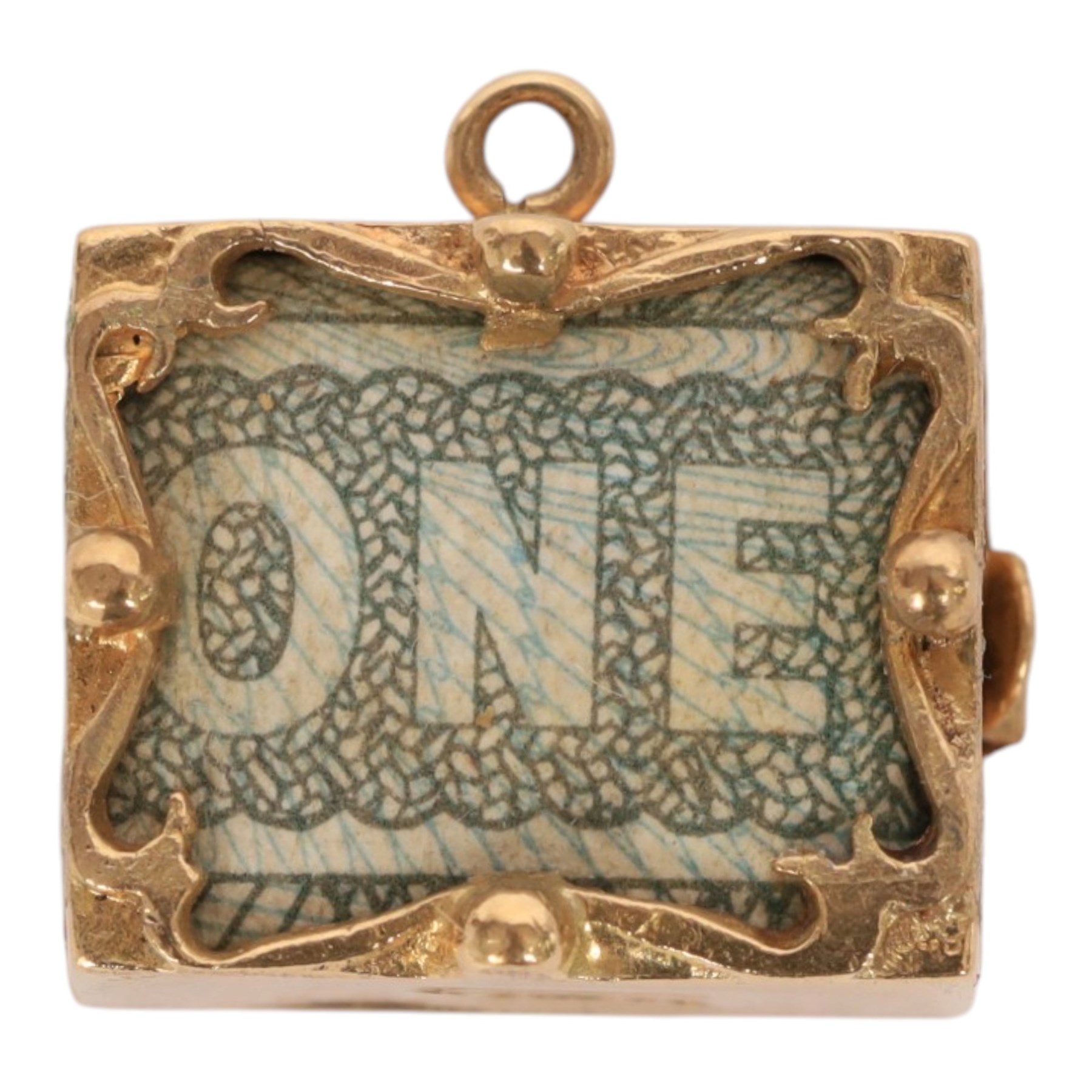 Two 9ct gold money box pendant / charms, hallmarked