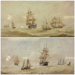 William Frederick Settle (British 1821-1897): British Frigate and other Sailing Vessels in Turbulent Waters, pair watercolours monogrammed and dated '81, 22cm x 33cm (2)