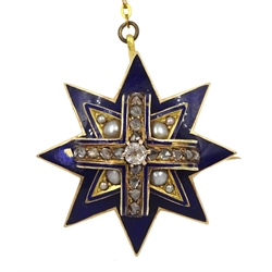 Victorian 15ct gold blue enamel, diamond and split pearl star brooch