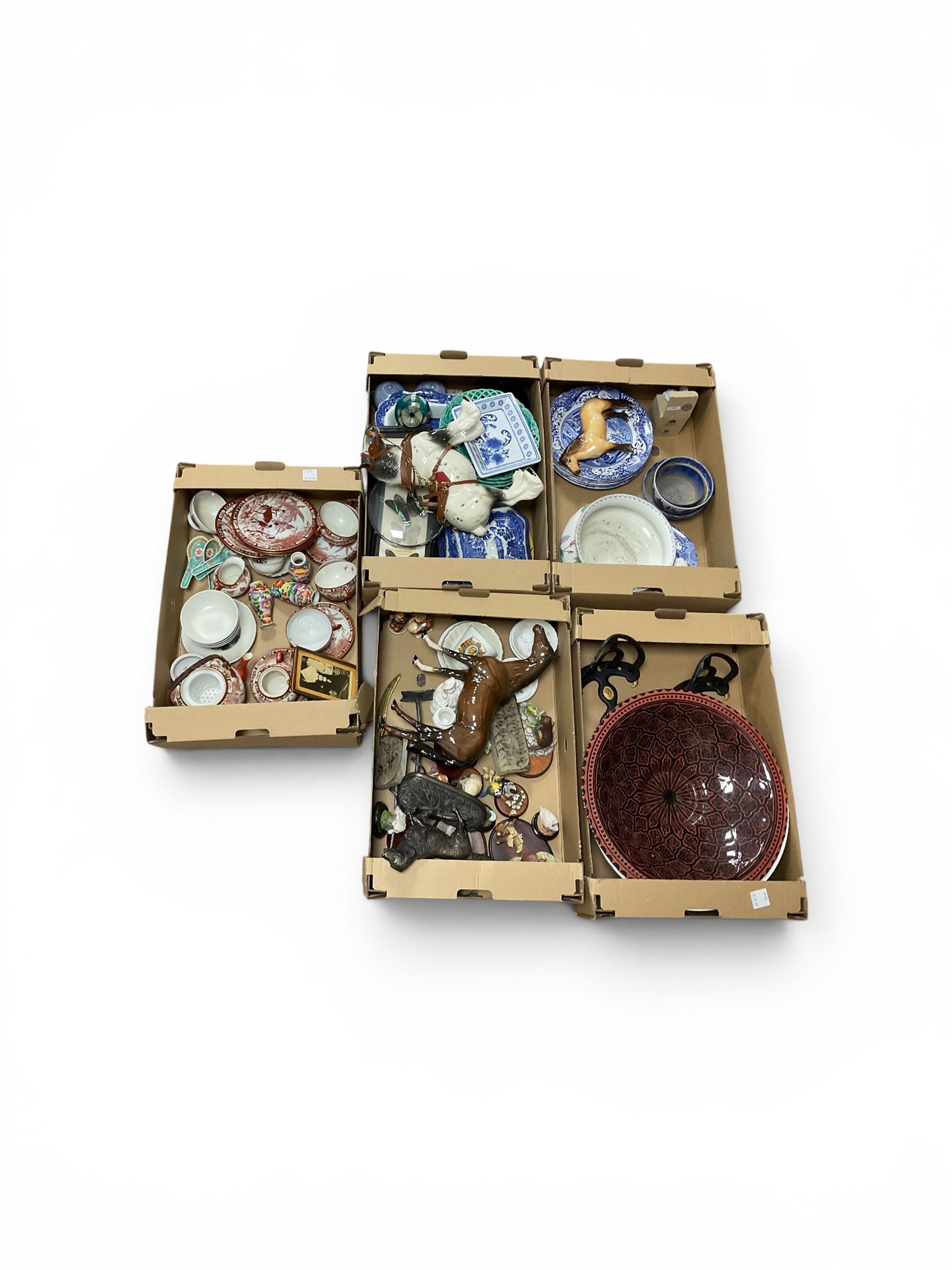Large collection of ceramics and similar, including Beswick hunter and Highland, glass vase, Moroccan dish etc, in five boxes  
