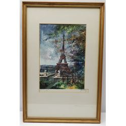 French School (20th century): Eiffel Tower, gouache indistinctly signed and titled 31cm x 20cm