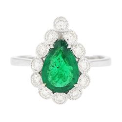 18ct white gold emerald and diamond cluster ring, single pear cut emerald of approx 1.40 c...