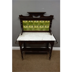  Edwardian marble top washstand with Art Nouveau tiled back above white marble top, turned supports with undertier, W104cm (max), H129cm, D46cm  