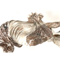 Victorian style rouge and white marble classical statue of woman dancing, on circular stepped moulded plinth base, H185cm