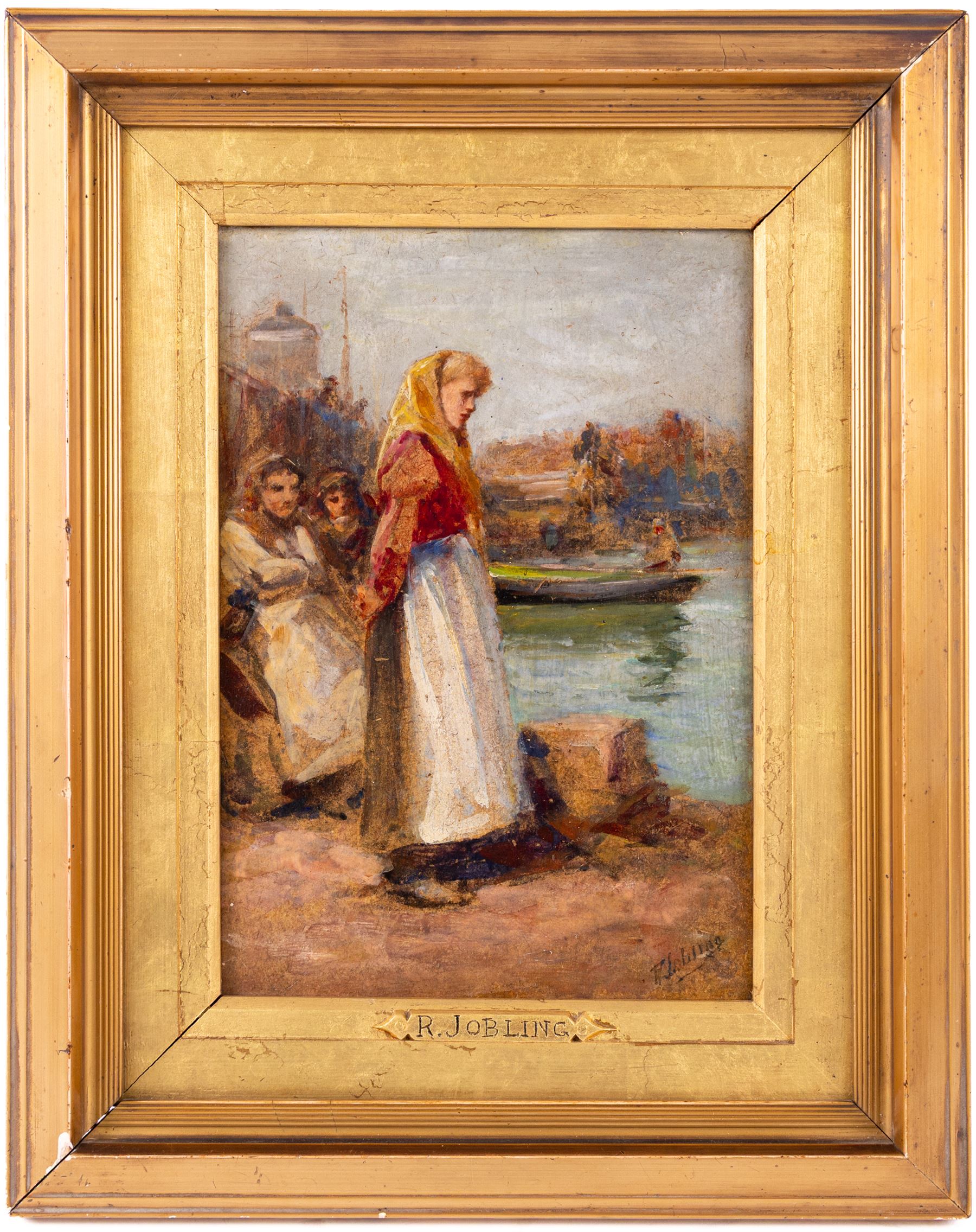 Robert Jobling (Staithes Group 1841-1923): Fishergirl by the North Shields Fish Quay near the Old Low Light, oil on board signed 25cm x 17cm