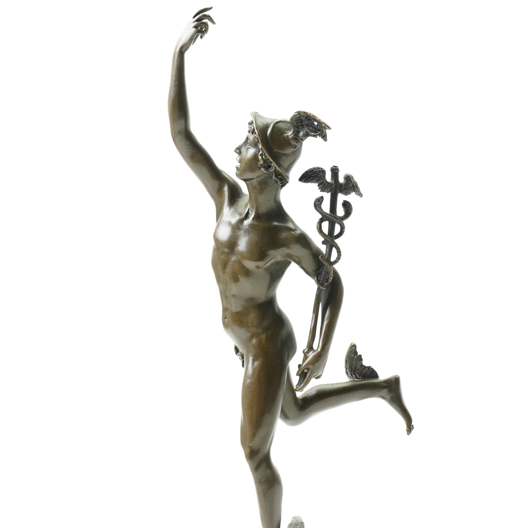 After Giambologna (Flemish 1529-1608): Bronze figure of Mercury holding a caduceus, on black marble base H43cm