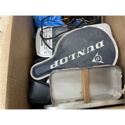 Condenser microphone, together with CD player, carved chess set, wooden figures etc in three boxes  