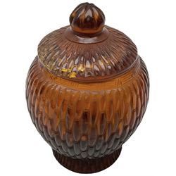 19th century Peking amber bamboo moulded glass jar and cover, with seal mark beneath, H11.5cm