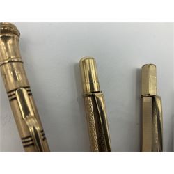 Five gold filled Wahl Eversharp propelling pencils, together with a silver propelling pencil, hallmarked London 1946, J.M.Co Johnson, Matthey & Co, and two further gold filled propelling pencils, one with box, largest L13cm (8)