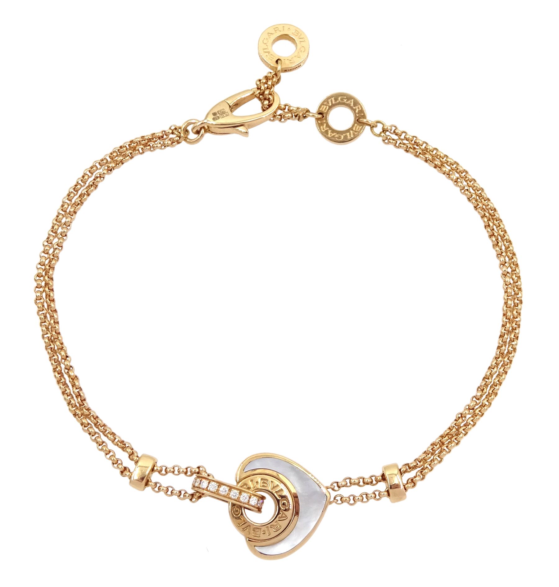 Bulgari Cuore 18ct rose gold mother of pearl heart and diamond bracelet, hallmarked, boxed