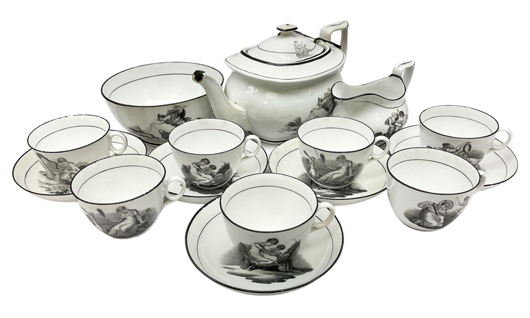 Early 19th century Staffordshire bat printed part tea service, decorated in black after Adam Buck with scenes of mother and child and other varying classical style scenes, within black bands, comprising teapot, slop bowl, jug, seven teacups and five saucers 