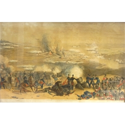 'The Charge of the Light Brigade', 19th/early 20th century Watson's Matchless Cleanser advertising chromolithograph 36cm x 51cm and 'Bombardment of Sebastopol', 19th century lithograph after J. Thomas pub. Lloyd Brothers & Co, London 1854, 35cm x 53cm in maple frame (2)  