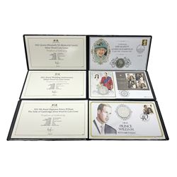 Three Queen Elizabeth II Tristan da Cunha silver proof coin covers, comprising 2021 'Royal Wedding Anniversary', 2022 'Queen Elizabeth II's Memorial Laurel' and 2022 'His Royal Highness Prince William The Duke of Cambridge', all in Harrington and Byrne folders