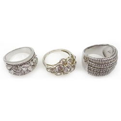  Three large silver cubic zirconia dress rings, stamped 925   