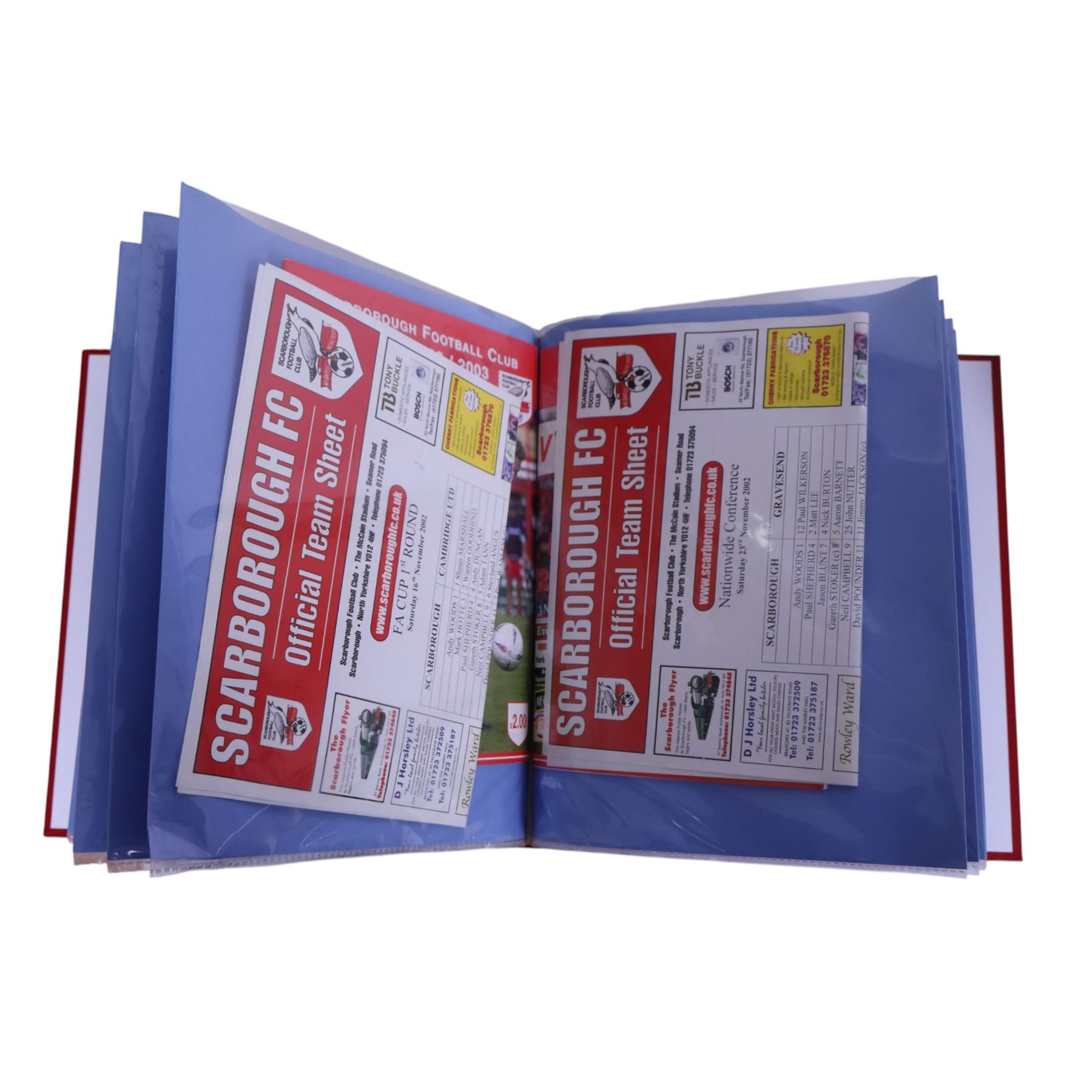 Comprehensive collection of approximately two hundred and twenty Scarborough FC football programmes for the 1999/00, 2000/01, 2001/02 and 2002/03 seasons, all filed within eight dedicated Scarborough FC red Home and Away binders