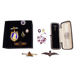 Early 20th century and later jewellery including 9ct gold and palladium milgrain set diamond stick pin, in tooled leather silk and velvet lined box, 9ct gold stone set pendant, 9ct Royal Artillery enamel brooch, silver RAF sweetheart brooch, gold opal pendant, silver paste ring etc, and a collection of loose gemstones