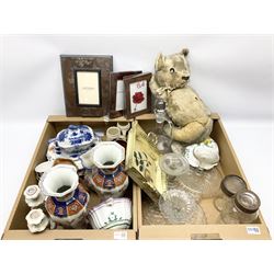 Assorted ceramics, to include two decorative vases decorated in Oriental style, blue and white sauce tureen, stand and ladle, two jelly moulds, together with small selection of glass, including ships decanter and stopper, and three cake stands, teddy bear, etc., in two boxes 
