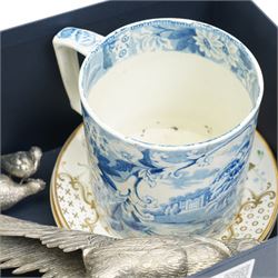 Large Spode mug and two hand painted plates, together with a collection of five silvered animals including a fish, pheasants, grouse etc