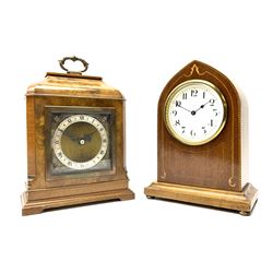 Mid to late 20th century walnut cased mantel clock by 'Elliot' (W17cm, H20cm), and an Edwardian inlaid mahogany lancet shaped mantel clock (W16cm, H22cm)