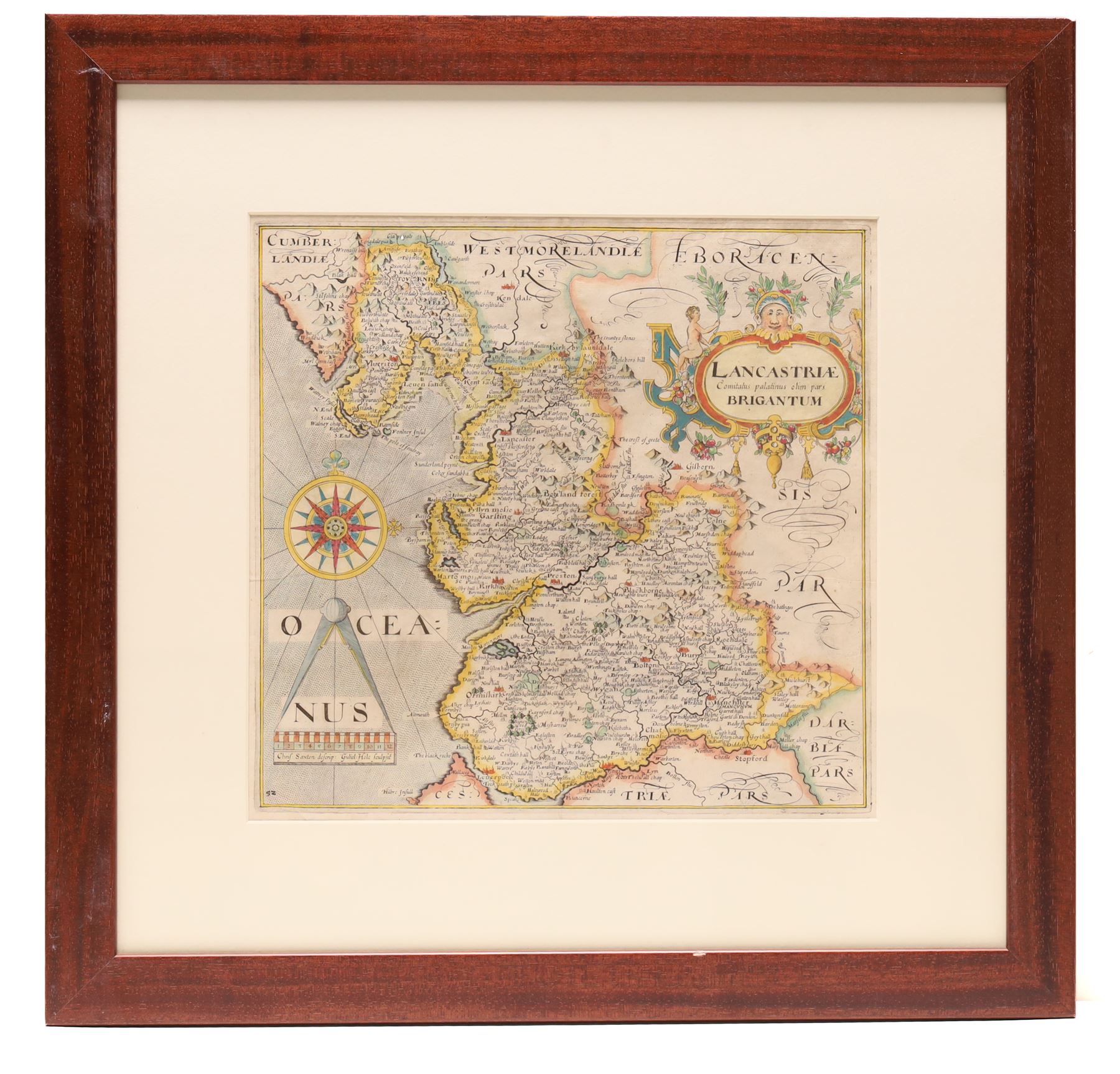 Gulielmus Hole (British ?-1624) and Christopher Saxton (British 1540-1610): 'Lancastriae Comitatus palatinus olim pars Brigantum', 17th century engraved map with hand-colouring of Lancashire 31cm x 31cm