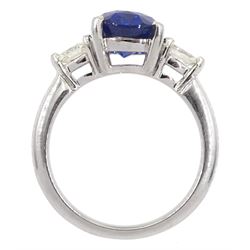 Platinum oval Ceylon sapphire and marquise shape diamond three stone ring, hallmarked, sapphire approx 2.70 carat
