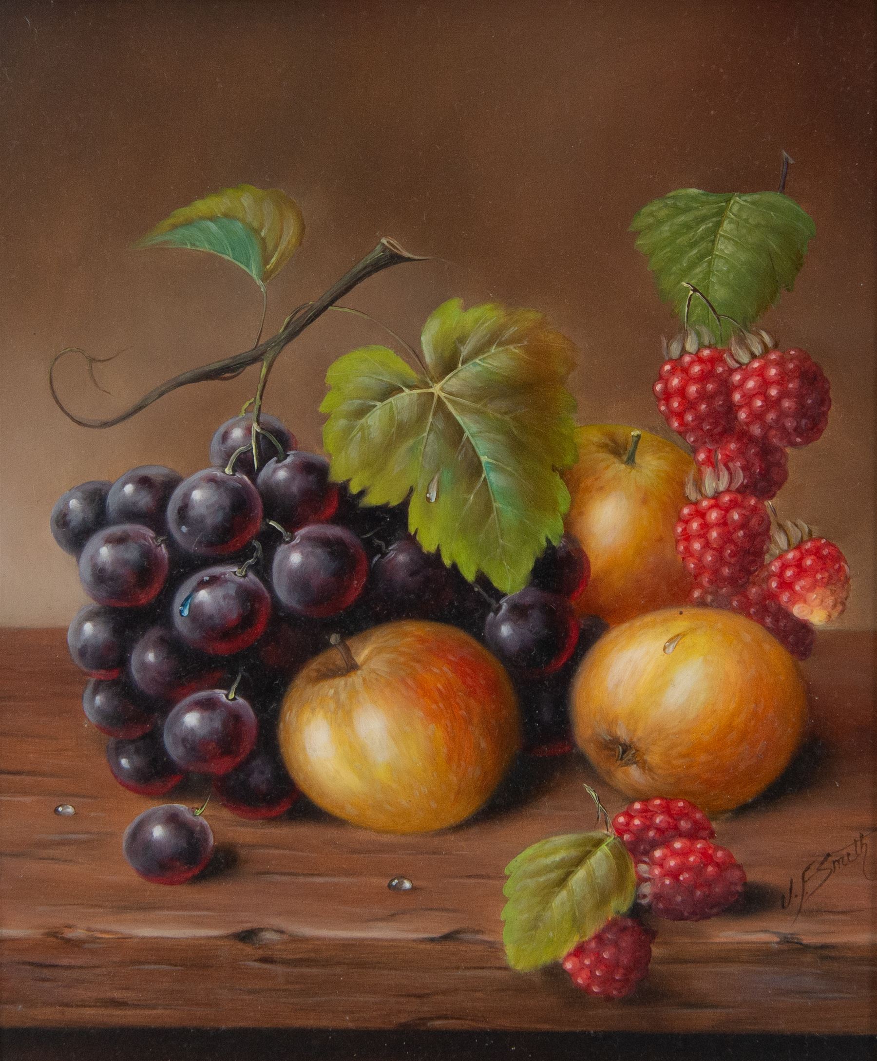 John F Smith (British 1934-): Still Life of Fruit, pair oils on board signed 29cm x 24cm
Notes: Smith was employed by Royal Worcester as a fruit painter between 1950 and 1971.