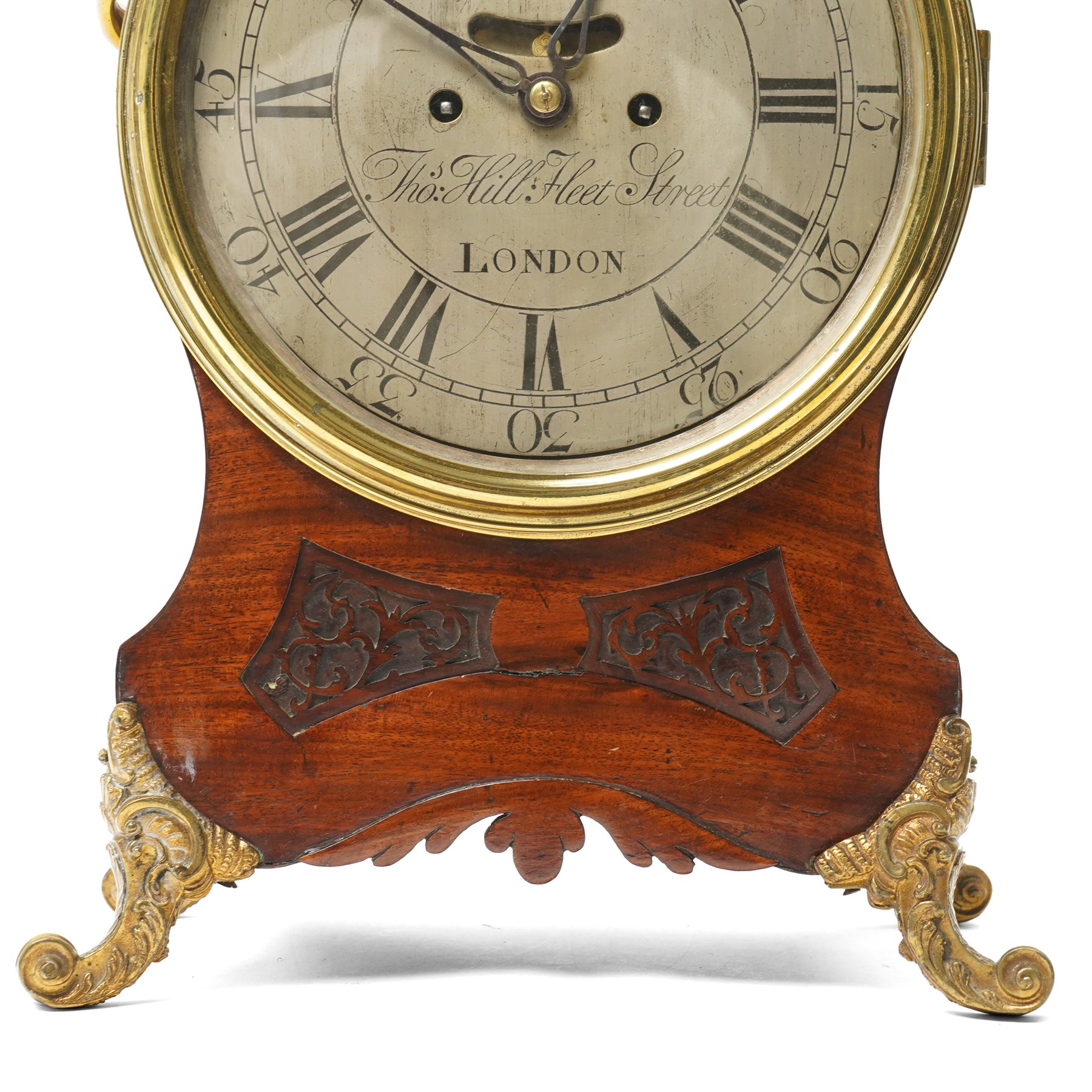 18th century bracket clock with twin chain fusee movement, the steel dial inscribed Thomas Hill, Fleet Street, London in mahogany case with blind fret carved panels, brass handles on gilt brass scroll feet with a later mahogany bracket H50cm excluding bracket