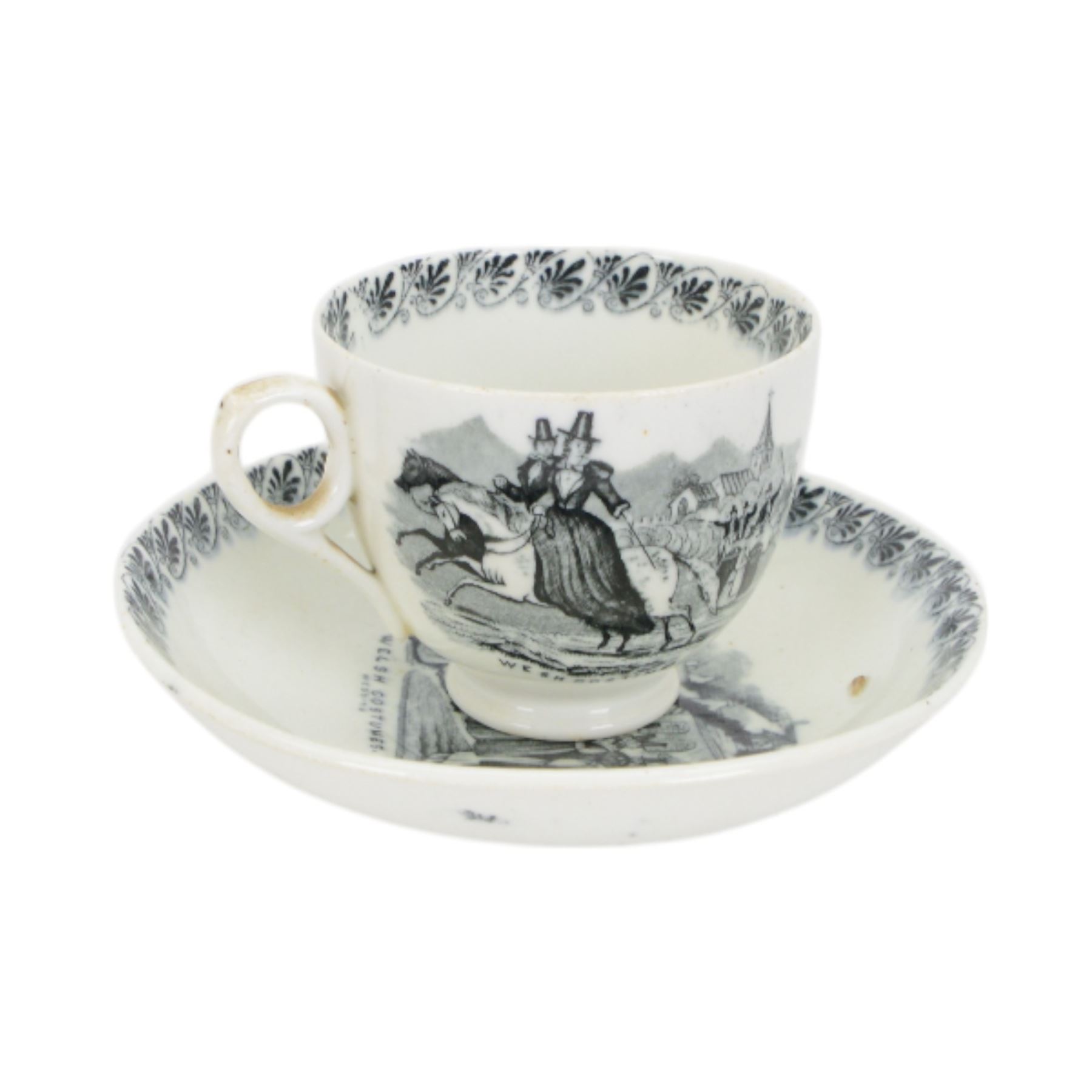 18th century pearlware mug, decorated with floral sprigs, together with 19th century miniature chamber pot printed with the verse and other 19th century ceramics 