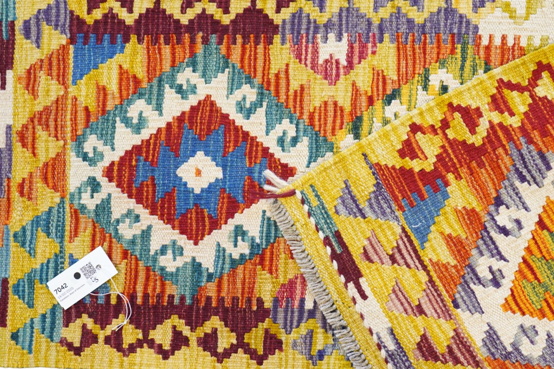 Small Chobi Kilim runner, decorated with hooked lozenges, multi-coloured ground