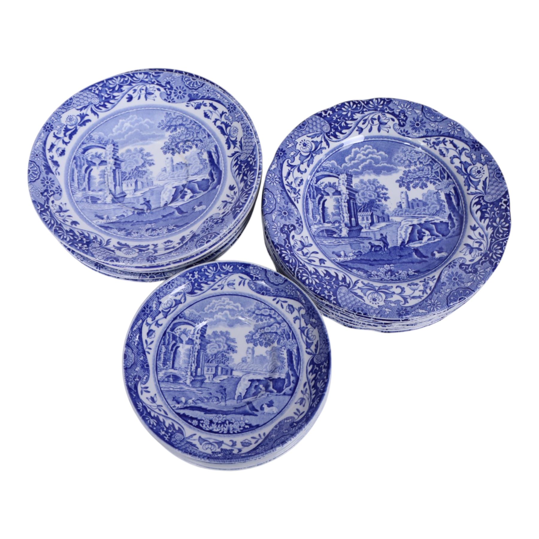 Spode Italian pattern tea and coffer service for eight place settings, comprising teapot, coffee pot, milk jug, cream jug, open sucrier, sandwich plate, cake plate, cake stand, side plates, teacups and saucers, coffee cans and saucers