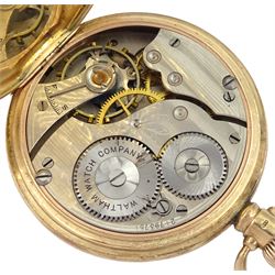 Early 20th century 9ct gold keyless 'Equality' lever half hunter pocket watch by Waltham Watch Company, white enamel dial with Arabic numerals and subsidiary seconds dial, back case monogramed, case by Dennison, Birmingham 1923