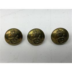 Royal Artillery 9ct gold and enamel sweetheart brooch in original box; together with Royal Artillery shoulder title, brass badges and buttons; and WW2 Defence Medal in issue box to 232775 addressed to Mrs. J.M. Morgan